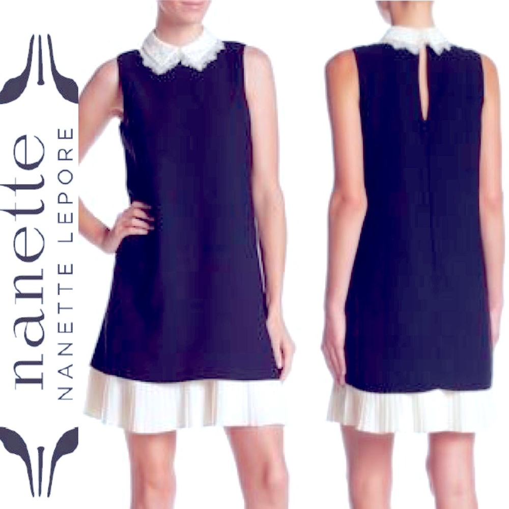 Nanette Lepore Navy Lace Peak Collar Shift Dress summer office work